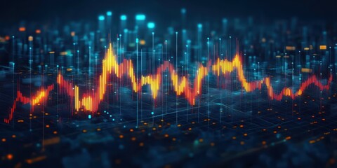 Colorful digital financial data chart with fluctuating line graph and grid elements over dark futuristic cityscape background