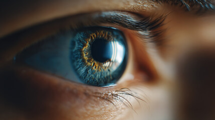 Close-up of human eye with distant horizon sharply focused through pupil, symbolizing vision boundaries and perspective, shallow depth of field. Concept of seeing beyond limits and exploring new horiz