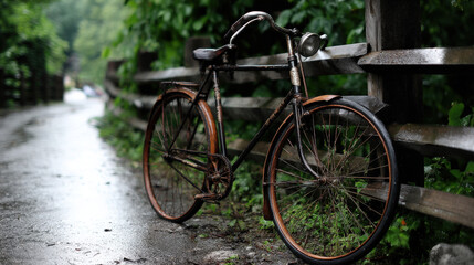 Fototapeta premium Old Bicycle Leaning Against a Rainy Fence in Beautiful Countryside