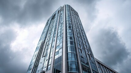 Obraz premium Modern Business Tower with Steel and Glass Facade Against Clouds