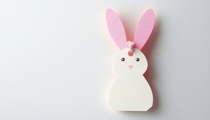 Obraz premium Simple white paper cutout shaped like a bunny with pink ears, eyes, and nose against a plain white background, evoking a cute and minimalistic feel