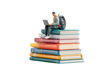 Young male with backpack sitting on stack of books using laptop, cut out