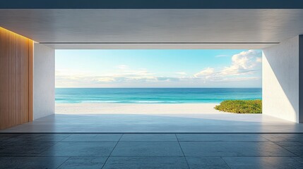 Minimalist modern architectural room with an open large window facing a calm blue ocean and sandy beach under a partly cloudy sky with nearby green bushes