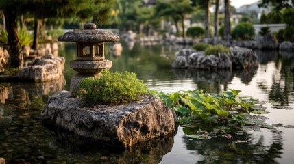 Water reflection with harmony and minimalism in rock concept. A serene stone lantern surrounded by lush greenery and water.