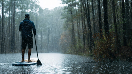 Individual Paddle Boarding in Rainy Conditions on Still Lake Surrounded by Lush Forest Landscape