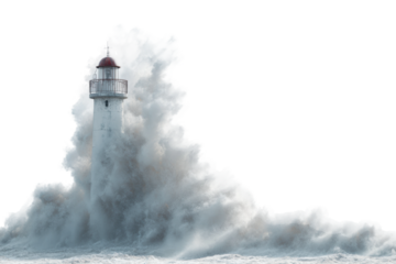 Majestic lighthouse battling ocean waves in stormy seas, cut out