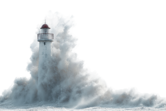 Majestic lighthouse battling ocean waves in stormy seas, cut out
