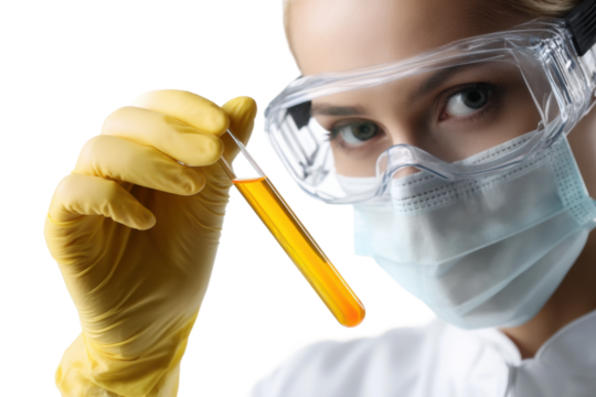 Caucasian female scientist examining orange liquid in laboratory setting, cut out