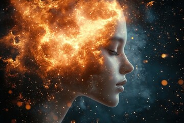 Profile of a serene woman with closed eyes blending into a glowing fiery cosmic cloud against a dark starry background, evoking a sense of calm and cosmic connection