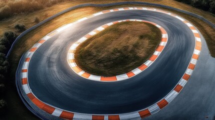 Aerial view of a smooth asphalt race track corner with red and white curbs surrounding a grassy center under warm sunlight