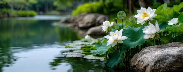 Naklejka premium Nature meditation in peaceful meditation with lotus concept. Serene pond with blooming lotus flowers and smooth stones.