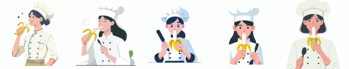 female chef character vector eating banana