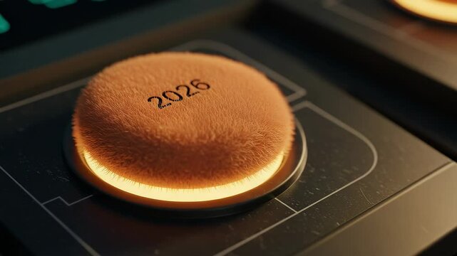 Close-up of illuminated button with 2026 inscription for New Year  