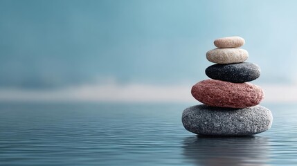 Water reflection with harmony and minimalism in rock concept. Calm water and stacked stones creating a peaceful atmosphere.