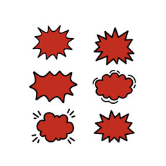 Collection of red comic explosion speech bubbles in various dramatic star and cloud shapes