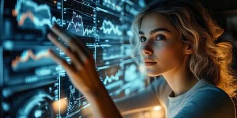 young woman analyzing multiple financial data charts on a large transparent touchscreen with focused expression