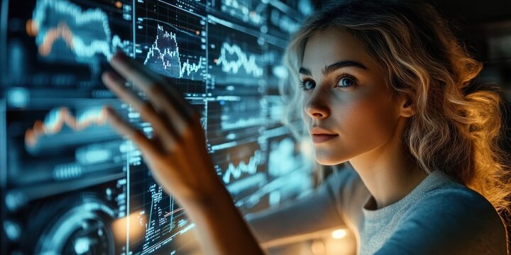 young woman analyzing multiple financial data charts on a large transparent touchscreen with focused expression