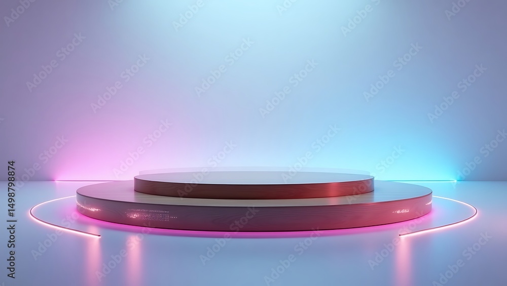 Aufkleber neon lit product display platform minimalist 3d render of two-tiered circular stage with pink and bl