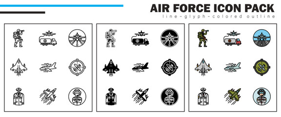 This icon set presents Reconnaissance, Refueling Tanker, Runway, Stealth Aircraft, Tailwind, Targeting System, Uniform, Warplane, and Wingman—key elements in tactical airpower and combat support.