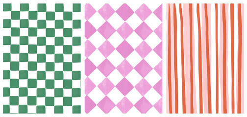 Hand-painted background Set of gingham, stripe and checkered pattern.  Backdrop for wedding invite, poster, social media, banner templates . 