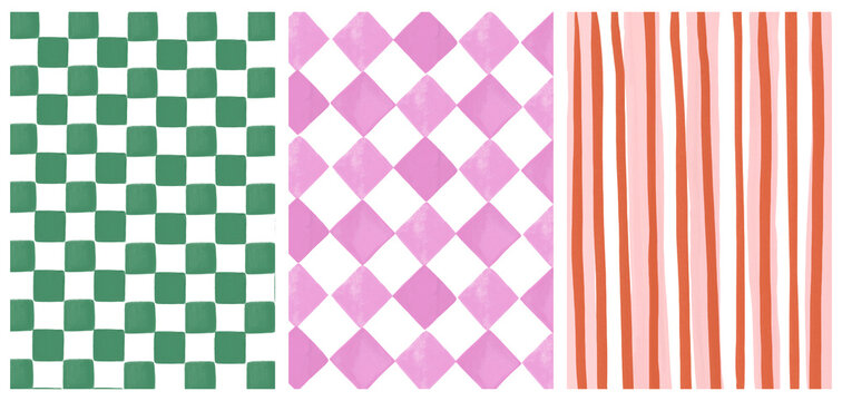 Hand-painted background Set of gingham, stripe and checkered pattern.  Backdrop for wedding invite, poster, social media, banner templates . 