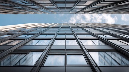 Obraz premium High Rise Facade with Steel Beams and Large Windows Against Sky