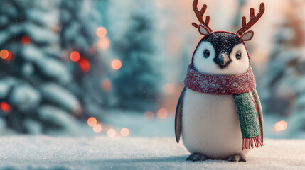 Cute Penguin with Scarf and Antlers