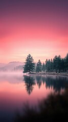 Obraz premium Colors of dawn paint the sky as mist rises from a tranquil lake reflecting pine trees. The scene captures a peaceful early morning atmosphere