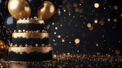 three-tier black and gold decorated cake with black and gold balloons in the background surrounded by glittering golden confetti creating a festive and celebratory atmosphere