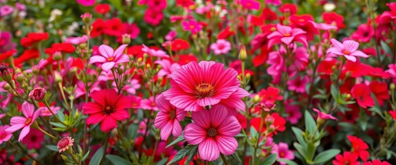 Pink and red flowers burst in vibrant summer garden, creating a breathtaking floral display, petals,  stem