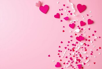 Pink background, scattered confetti and hearts, ample copy space, romantic, festive