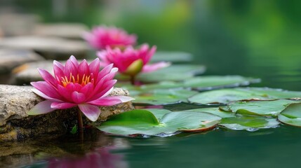 Nature meditation in peaceful meditation with lotus concept. Beautiful pink water lilies floating on a serene pond.