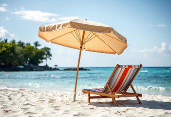 Obraz premium Relaxing beach umbrella and chair on sandy shore, ample copy space, space, peaceful