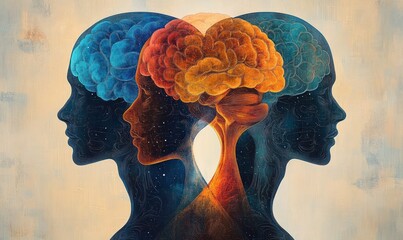 Three human silhouettes with overlapping colorful brains glowing in warm and cool tones symbolizing cognitive connection and mental complexity