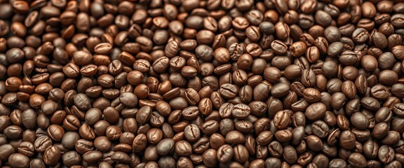 Fototapeta premium Rich brown coffee beans fill the frame, showcasing texture and detail, coffee, latte