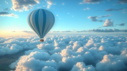 A blue and white striped hot air balloon floating peacefully above a sea of fluffy clouds during a calm sunset with soft warm light and scattered clouds in the clear sky