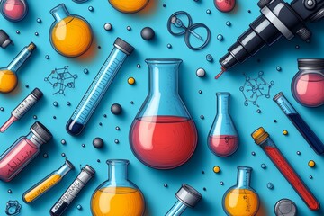 Lab equipment, research, science, flatlay, background, education