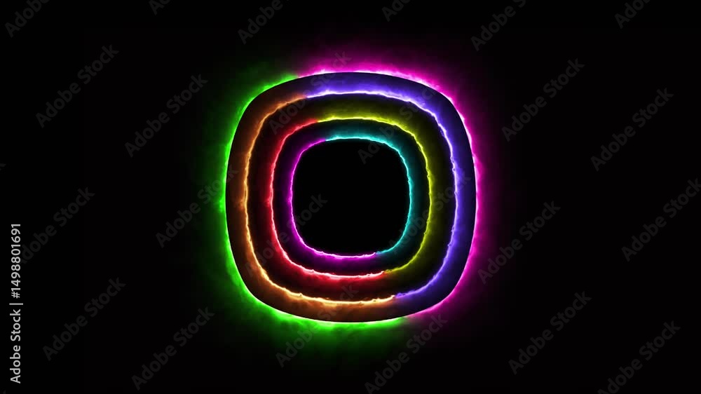 Poster bright colorful quadruple neon pulsating effects layer frame in rounded square on black background a