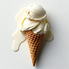 Vanilla ice cream scoops melting on a crispy waffle cone with creamy drips on a white background evoking a warm, summery feeling