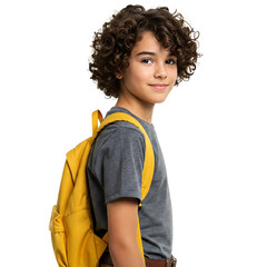 young boy with curly brown hair and brown eyes, wearing a gray t-shirt and a yellow backpack