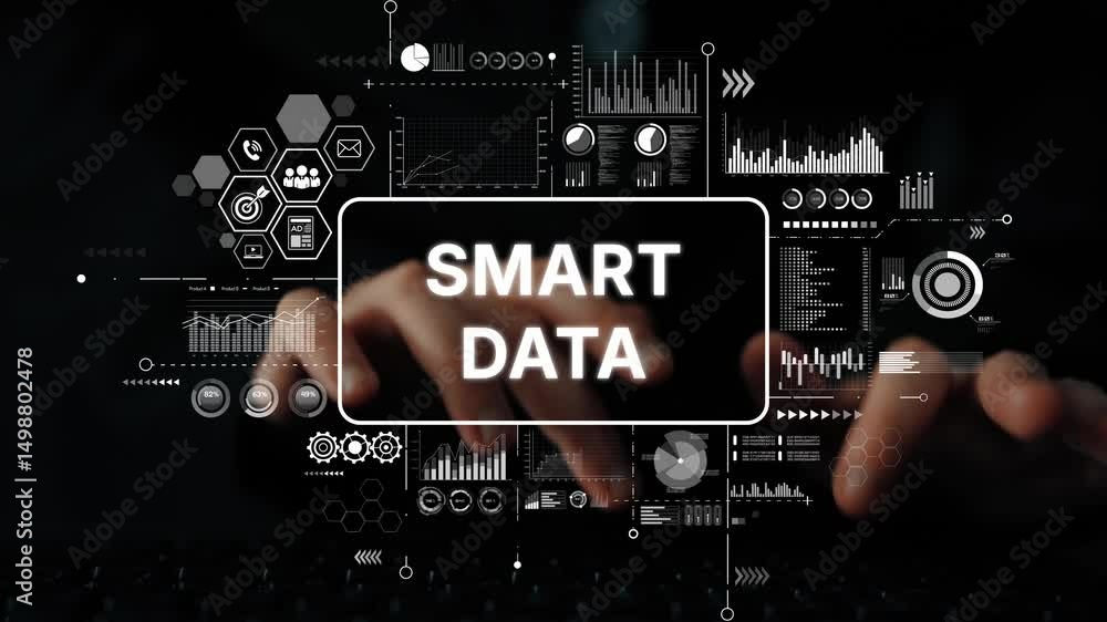 Poster Hands Typing on Keyboard with Digital Smart Data Graphics and Analytics Concepts Represented on Screen. Asymptotic smart data analytic.
