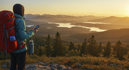 Naklejka premium Backpacker Using Smartphone at Mountain Overlook During Sunset