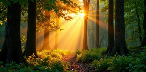 Golden sunlight filters through canopy, illuminating forest floor, branches, still