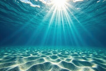 Deep blue ocean, sunbeams pierce water, sandy seabed , serene, ray