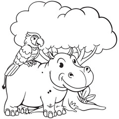 Coloring and activity page for kids. Black and white, fun, funny, cute dinosaur triceratops illustration.