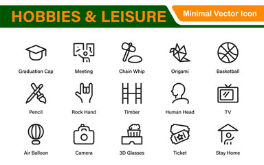 Creative Hobbies and Leisure Icons – Clean Outline, Line Art, Vector Illustrations for DIY Crafts, Outdoor Fun, Entertainment, and Recreation Projects