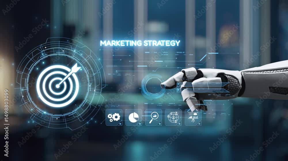 Poster a robotic hand interacts with a digital marketing strategy interface, showcasing advanced technology