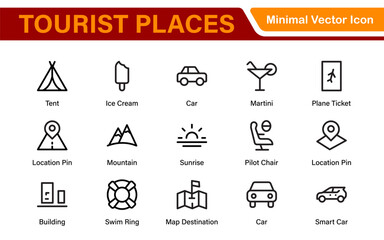 Tourist Destinations Icon Collection – Vector, Line Art, and Minimal Outline Illustrations for Famous Landmarks, Attractions, and Vacation Travel Designs