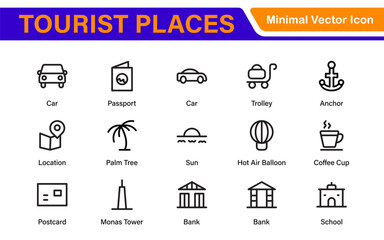 Tourist Destinations Icon Collection – Vector, Line Art, and Minimal Outline Illustrations for Famous Landmarks, Attractions, and Vacation Travel Designs