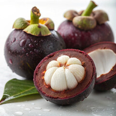 Fototapeta premium Close-up of fresh tropical mangosteen fruits on a light background with dewdrops. A delicious exotic fruit known for its juicy sweet and tangy flavor.